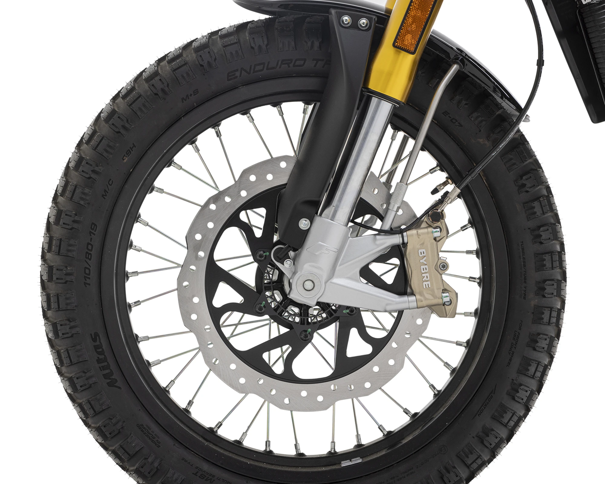 FANTIC CABALLERO Scrambler 125 MY25 デュアルチャネルABS装備のBYBREキャリパーとφ320mmディスクブレーキ。 | 輸入発売元 MOTORISTS モータリスト合同会社